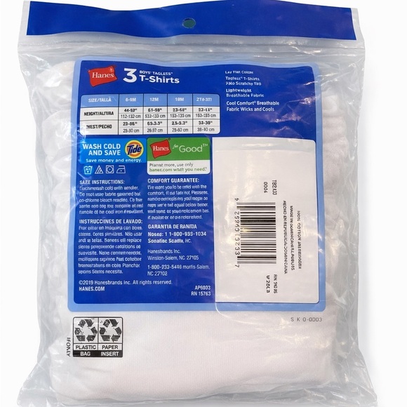 New in package Hanes boys 3-pack white T-shirts, size 2T/3T - Picture 4 of 4